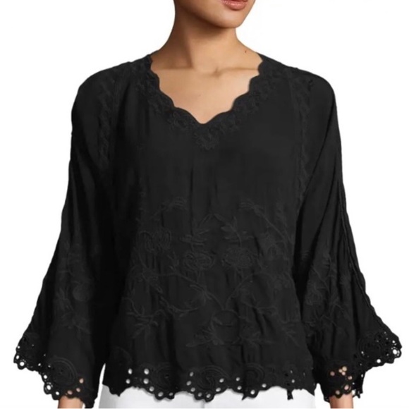 XCVI Size 2X Elicia Embroidered Popover Top Black-on-Black VNeck Johnny Was Vibe - Picture 1 of 14